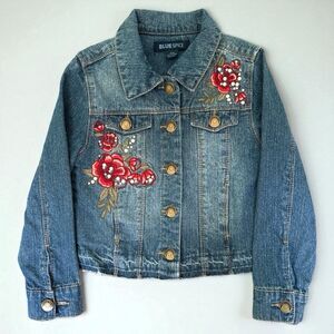 Blue Spice Girls Jacket 8 Denim Floral Embroidery Distressed Hem Pearl Accents